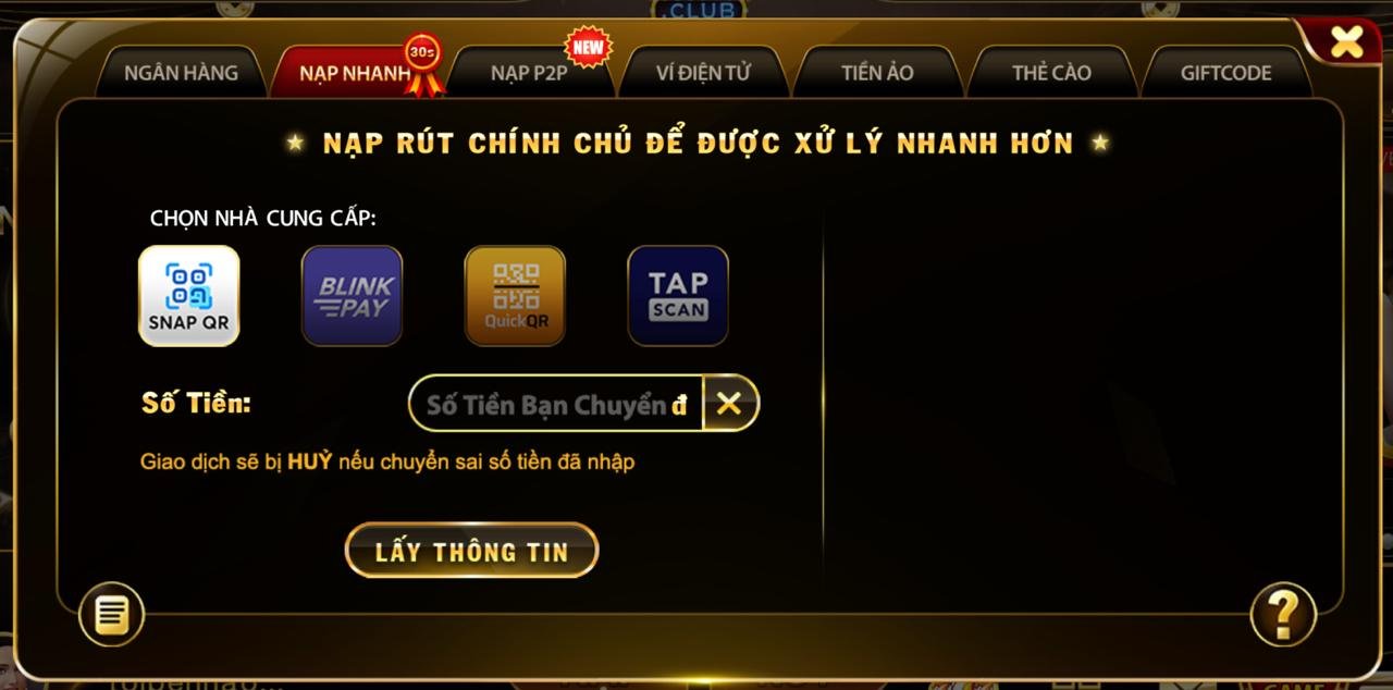 Các bước nạp nhanh tại HitClub